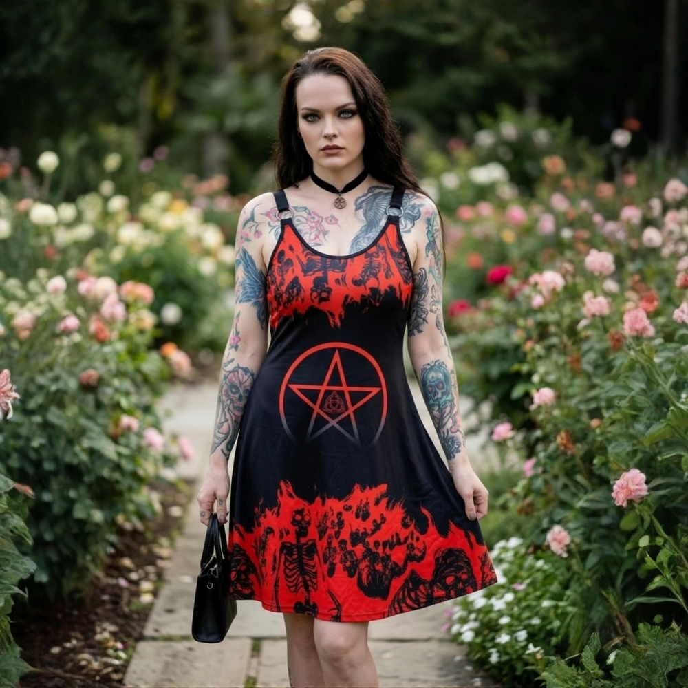 Witchy Gothic ✦ Skull & Pentacle A-Line Dress ✦ O-Ring Strap Red/Black S NWT